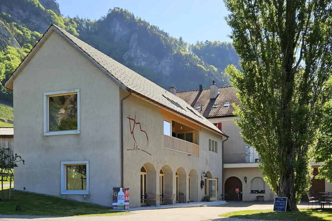 Aussenansicht vom Weingut Marugg in Fläsch mit Rundbogenfassade, Innenhof und alpiner Umgebung.