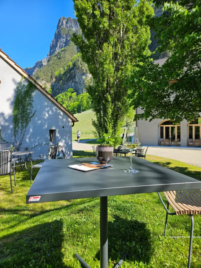 Sitzplatz im Aussenbereich des Weinguts Marugg mit Blick auf Rebberge und Regitzer Spitz