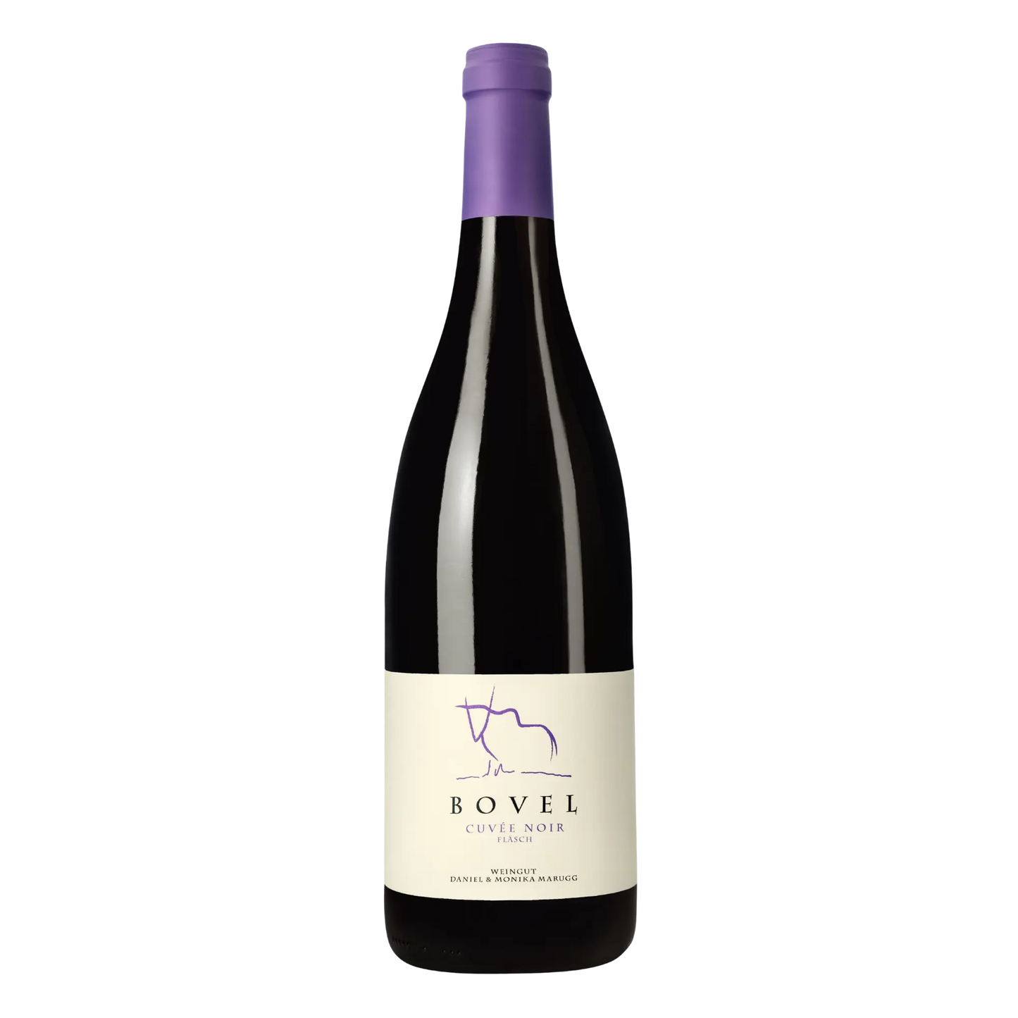 Dunkle Rotweinflasche mit violetter Kapsel und cremefarbenem Etikett. Auf dem Etikett steht „Bovel Cuvée Noir Fläsch“ sowie „Weingut Daniel & Monika Marugg“. Ein minimalistisches violettes Linienmotiv ziert das obere Etikett. Elegantes, modernes Flaschendesign mit hochwertiger Ausstrahlung.