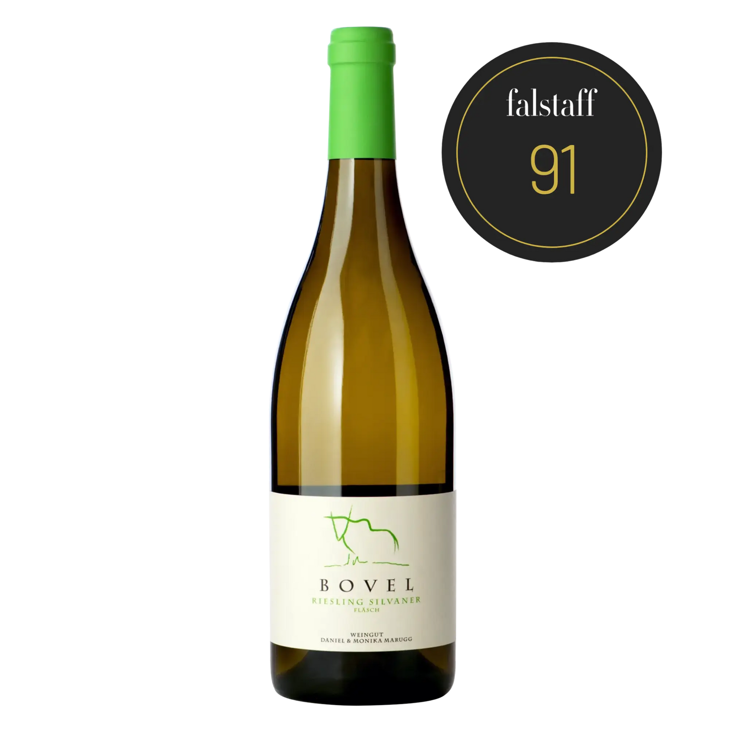 Weissweinflasche Bovel Riesling Silvaner vom Weingut Daniel & Monika Marugg in Fläsch, ausgezeichnet mit 91 Falstaff Punkten