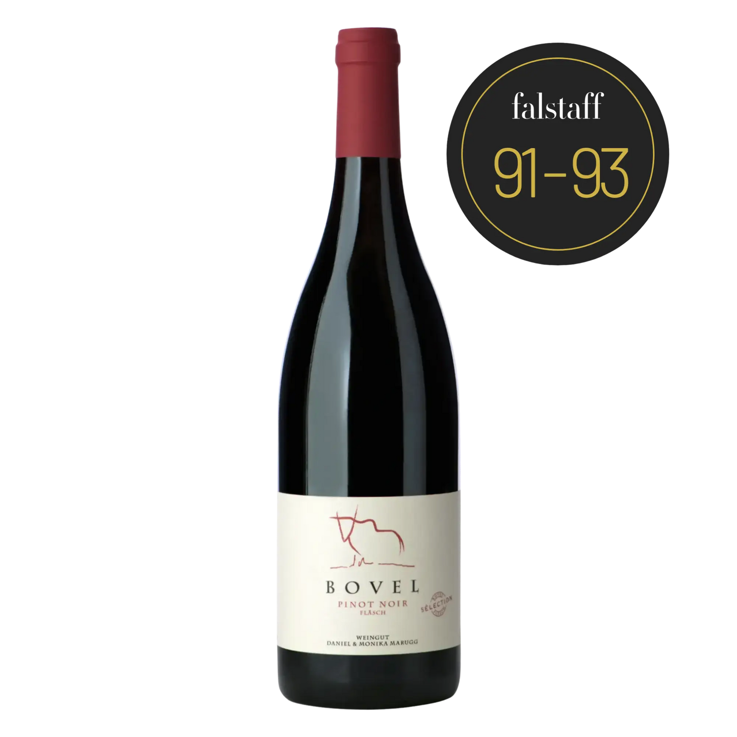 Rotweinflasche Bovel Pinot Noir Sélection vom Weingut Daniel & Monika Marugg in Fläsch, bewertet mit 91 bis 93 Falstaff Punkten
