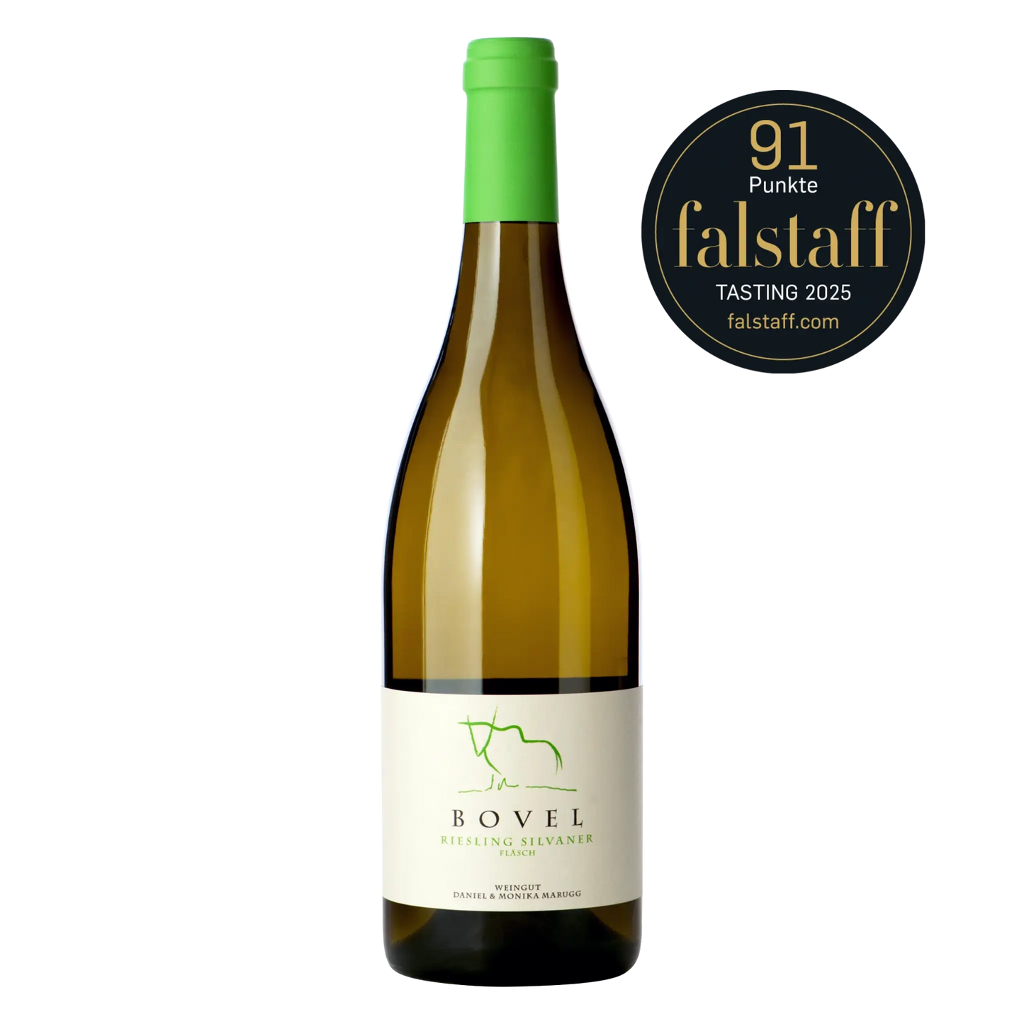 Riesling-Silvaner Bovel – Flasche freigestellt, Weisswein vom Weingut Marugg in Fläsch, ausgezeichnet von Falstaff mit 91 Punkten